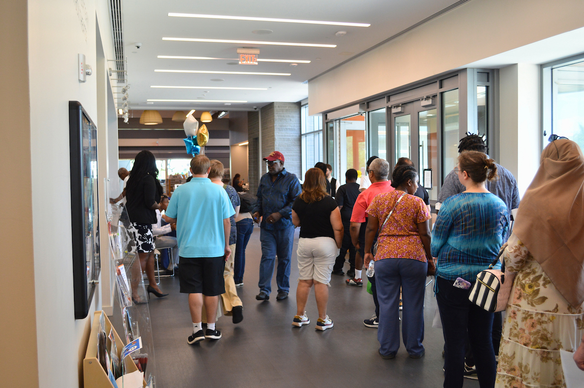 Job fair attendees in the lobby