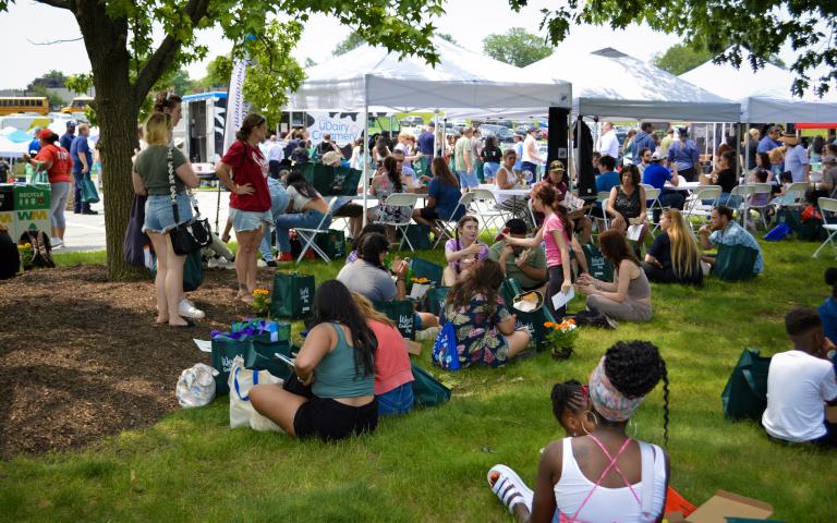 Crowds of people sitting and enjoying the weather at the World Environment Day event at Veteran's Memorial Park