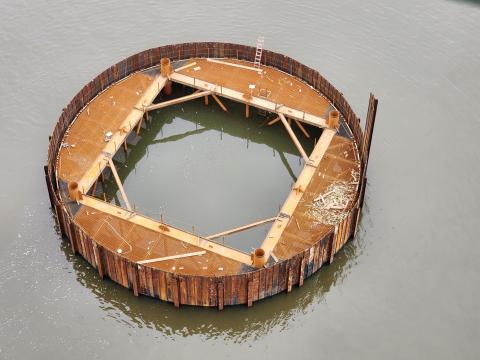 Ship Collision Prevention System 80 foot diameter dolphin form as viewed from the bridge deck March 2024